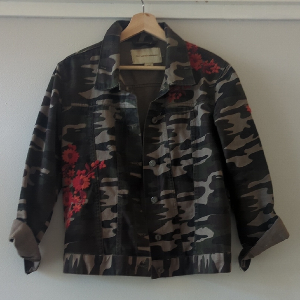 Anthropologie Camouflage Jean Jacket with Red Floral Accents